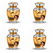 4 Keepsake 3 inch Urns, Tasty guardian angel memorial urn with amber cloudlight and Mireya Sunhallow photo and dates.
