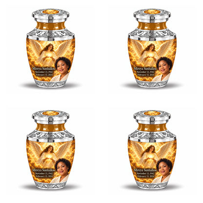 4 Keepsake 3 inch Urns, Tasty guardian angel memorial urn with amber cloudlight and Mireya Sunhallow photo and dates.