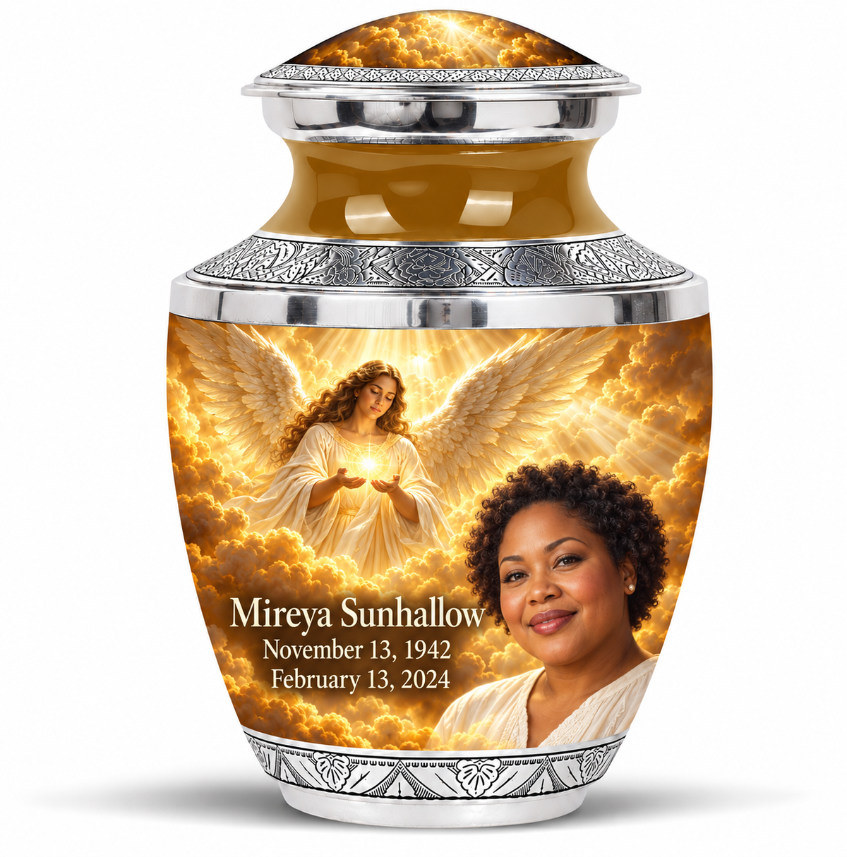 10 inch large Urn, Tasty guardian angel memorial urn with amber cloudlight and Mireya Sunhallow photo and dates.