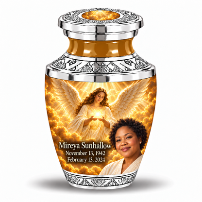 1 Keepsake 3 inch Urn, Tasty guardian angel memorial urn with amber cloudlight and Mireya Sunhallow photo and dates.