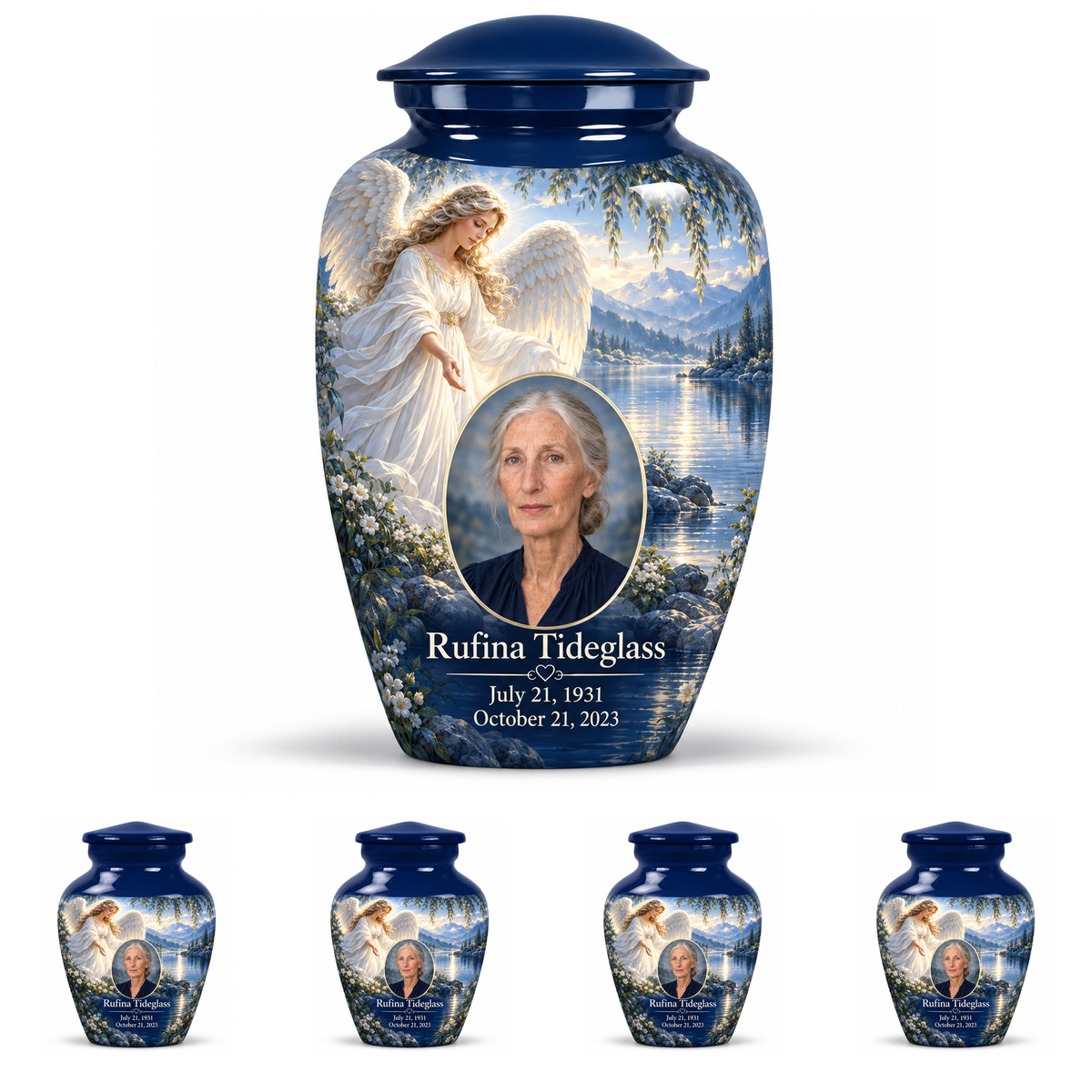 10 inch large Urn with 4 Keepsake 3 Inch Urns, Classic angel beside quiet blue water memorial urn and Rufina Tideglass photo and dates.