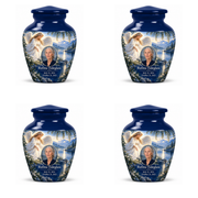 4 Keepsake 3 inch Urns, Classic angel beside quiet blue water memorial urn and Rufina Tideglass photo and dates.