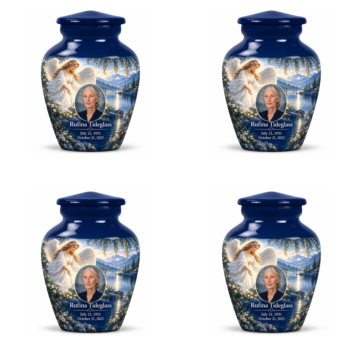 4 Keepsake 3 inch Urns, Classic angel beside quiet blue water memorial urn and Rufina Tideglass photo and dates.