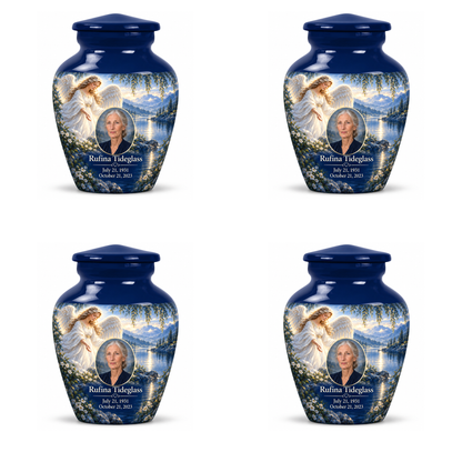 4 Keepsake 3 inch Urns, Classic angel beside quiet blue water memorial urn and Rufina Tideglass photo and dates.