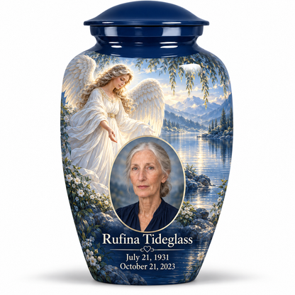 10 inch large Urn, Classic angel beside quiet blue water memorial urn and Rufina Tideglass photo and dates.