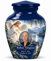 1 Keepsake 3 inch Urn, Classic angel beside quiet blue water memorial urn and Rufina Tideglass photo and dates.