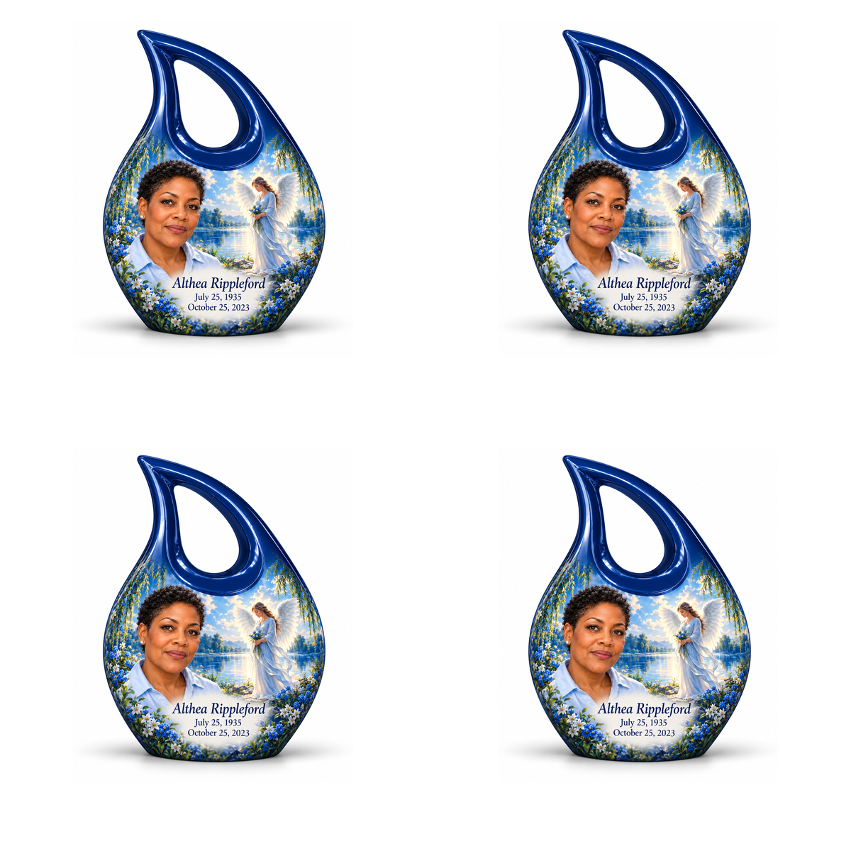 4 Keepsake 3 inch Urns, Cross Drop angel beside quiet blue water memorial urn and Althea Rippleford photo and dates.