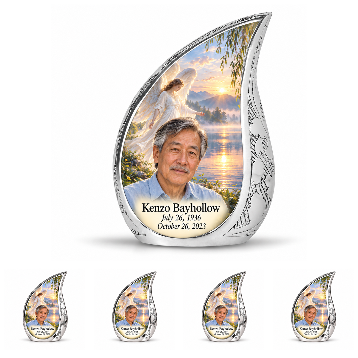 10 inch large Urn with 4 Keepsake 3 Inch Urns, Curved Drop angel beside quiet blue water memorial urn and Kenzo Bayhollow photo and dates.