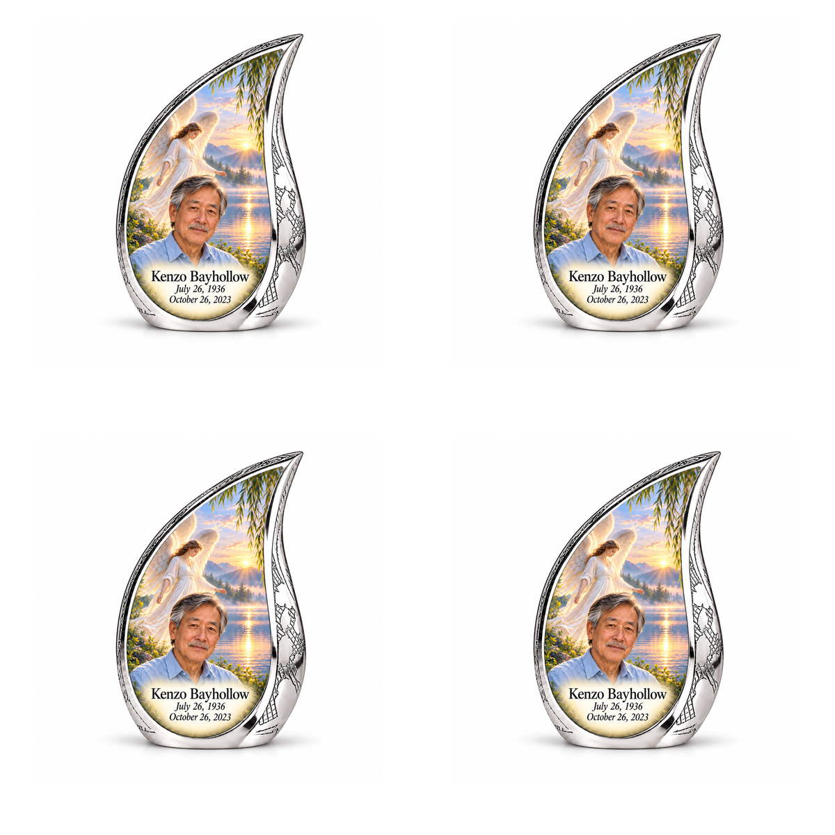 4 Keepsake 3 inch Urns, Curved Drop angel beside quiet blue water memorial urn and Kenzo Bayhollow photo and dates.