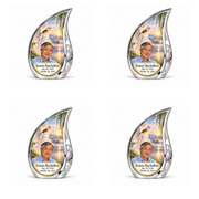 4 Keepsake 3 inch Urns, Curved Drop angel beside quiet blue water memorial urn and Kenzo Bayhollow photo and dates.