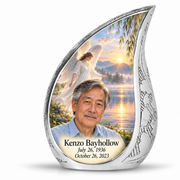 10 inch large Urn, Curved Drop angel beside quiet blue water memorial urn and Kenzo Bayhollow photo and dates.