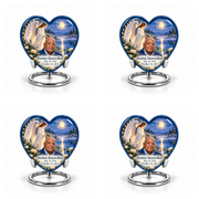 4 Keepsake 3 inch Urns, Heart angel beside quiet blue water memorial urn and Bastian Shorewillow photo and dates.