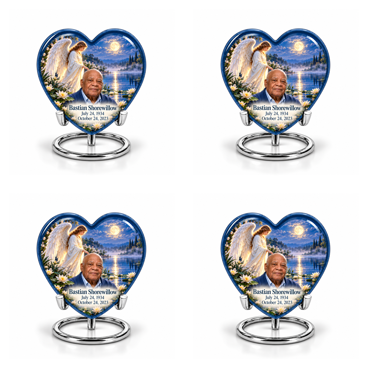 4 Keepsake 3 inch Urns, Heart angel beside quiet blue water memorial urn and Bastian Shorewillow photo and dates.