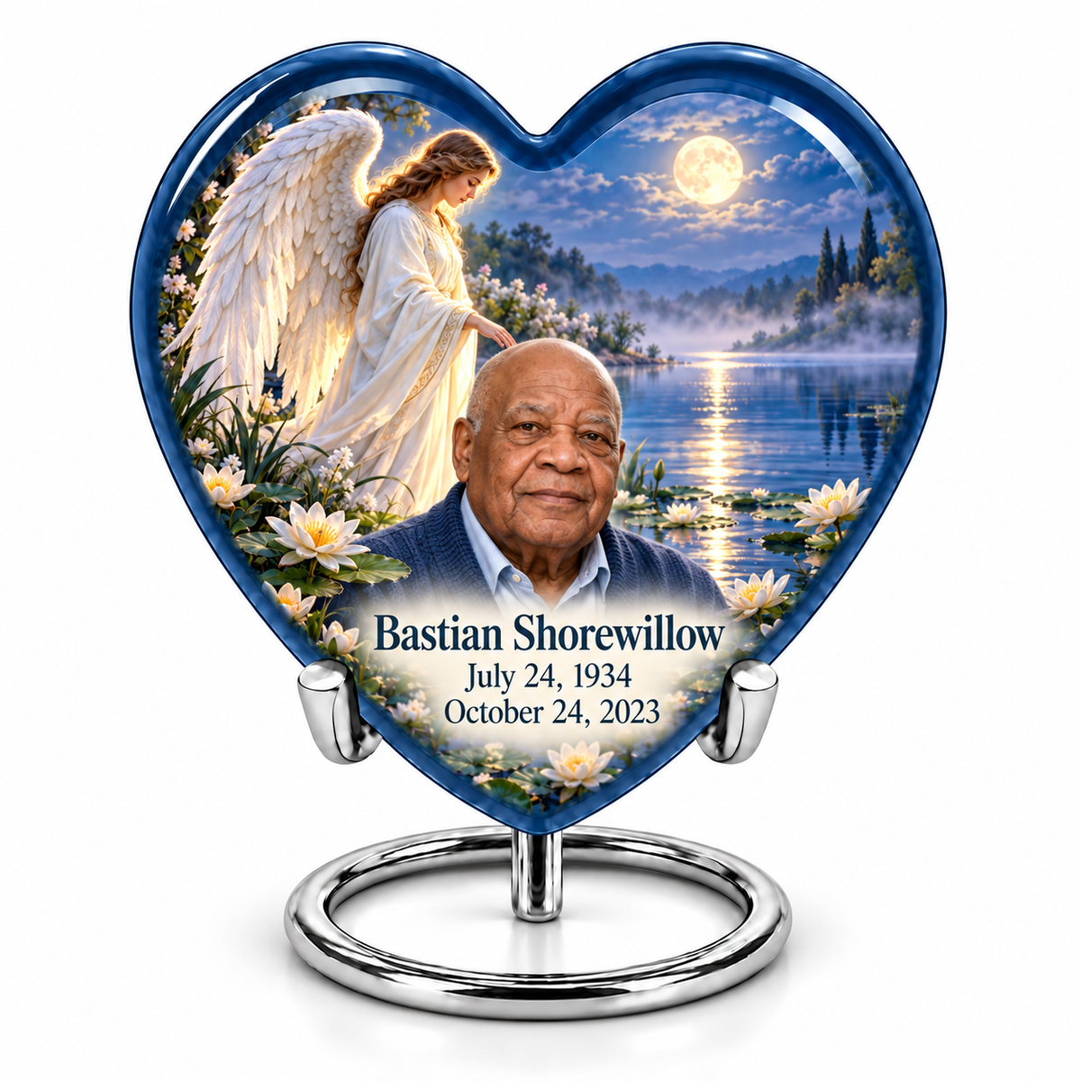 10 inch large Urn, Heart angel beside quiet blue water memorial urn and Bastian Shorewillow photo and dates.