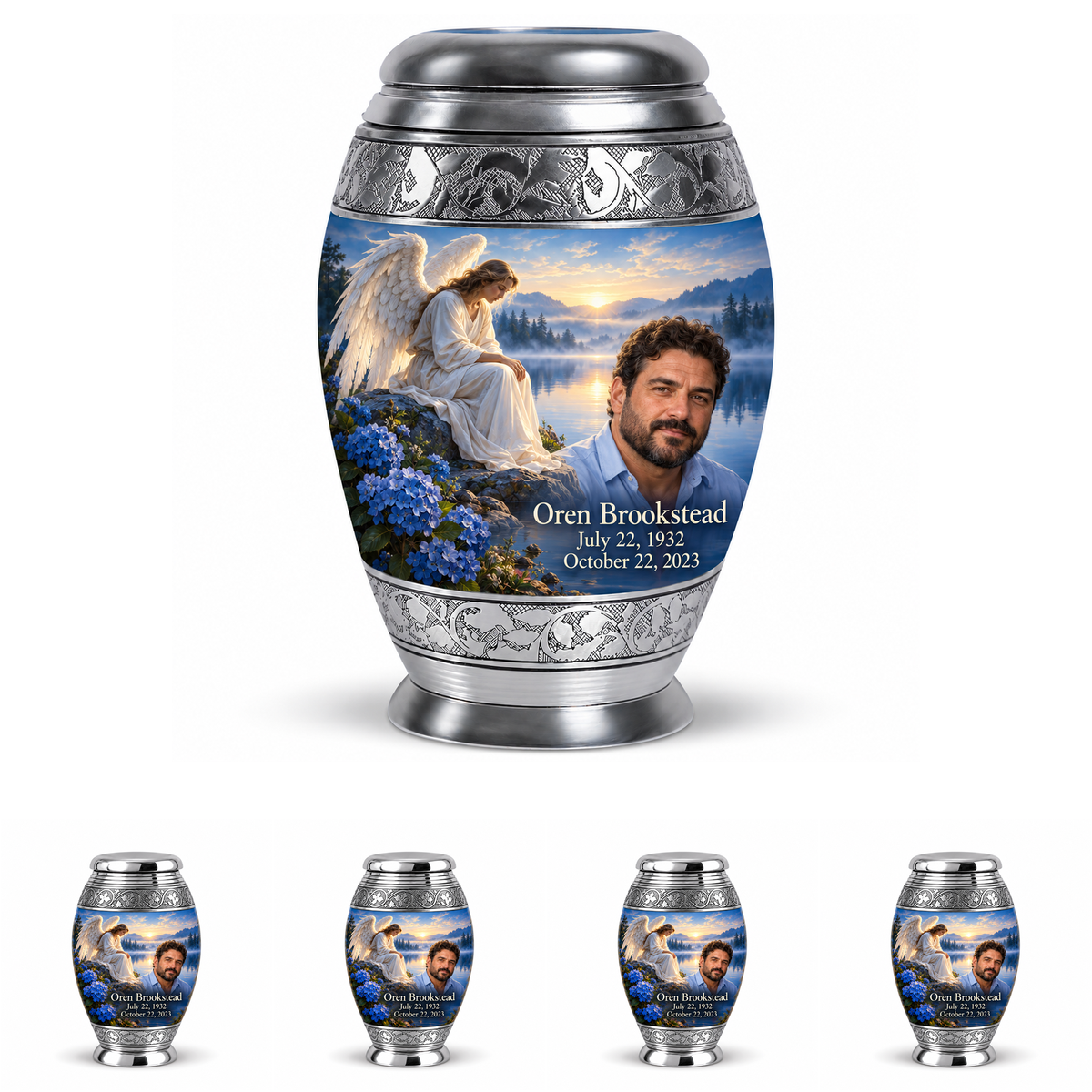 10 inch large Urn with 4 Keepsake 3 Inch Urns, Monar angel beside quiet blue water memorial urn and Oren Brookstead photo and dates.