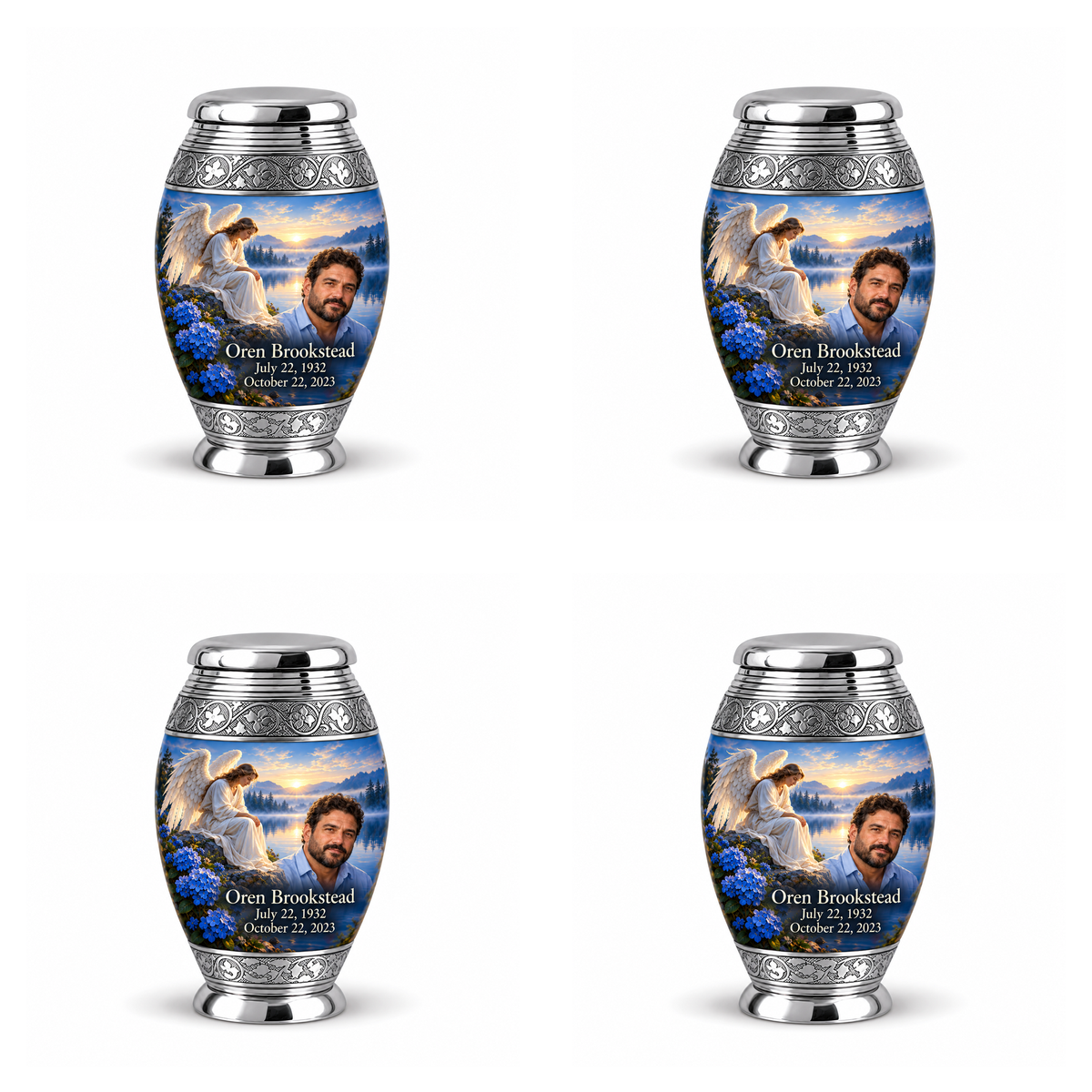 4 Keepsake 3 inch Urns, Monar angel beside quiet blue water memorial urn and Oren Brookstead photo and dates.