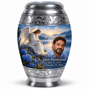 10 inch large Urn, Monar angel beside quiet blue water memorial urn and Oren Brookstead photo and dates.