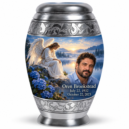 10 inch large Urn, Monar angel beside quiet blue water memorial urn and Oren Brookstead photo and dates.