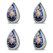 4 Keepsake 3 inch Urns Straight Drop memorial urn, angel beside quiet blue water, Rosamund Stillmere portrait and full memorial dates, white background.