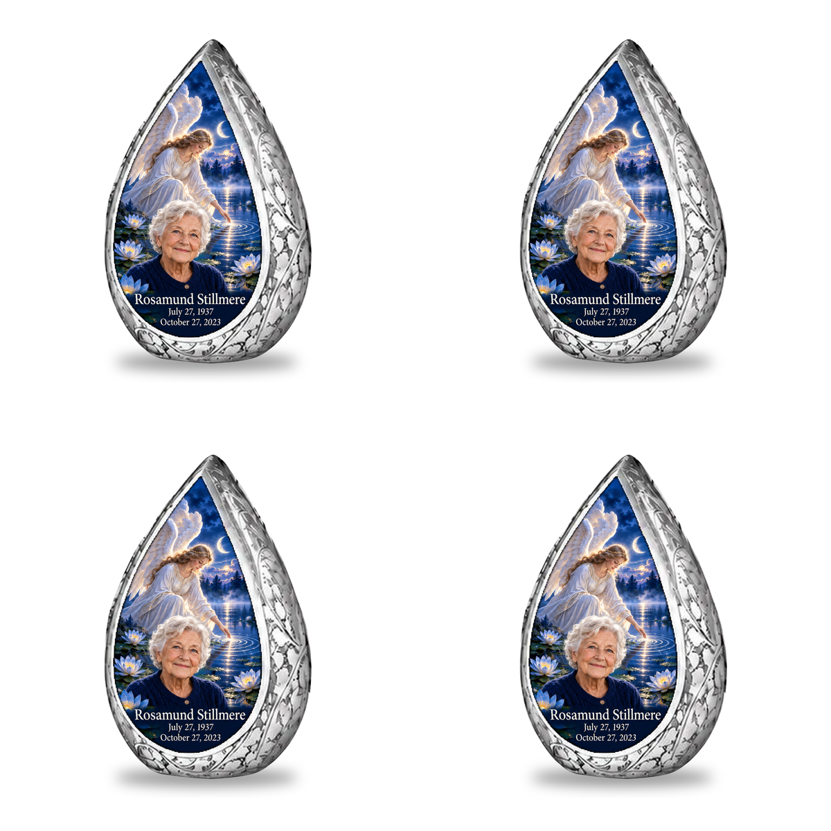 4 Keepsake 3 inch Urns Straight Drop memorial urn, angel beside quiet blue water, Rosamund Stillmere portrait and full memorial dates, white background.