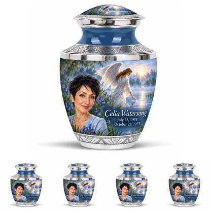 10 inch large Urn with 4 Keepsake 3 Inch Urns, Tasty angel beside quiet blue water memorial urn and Celia Watersong photo and dates.