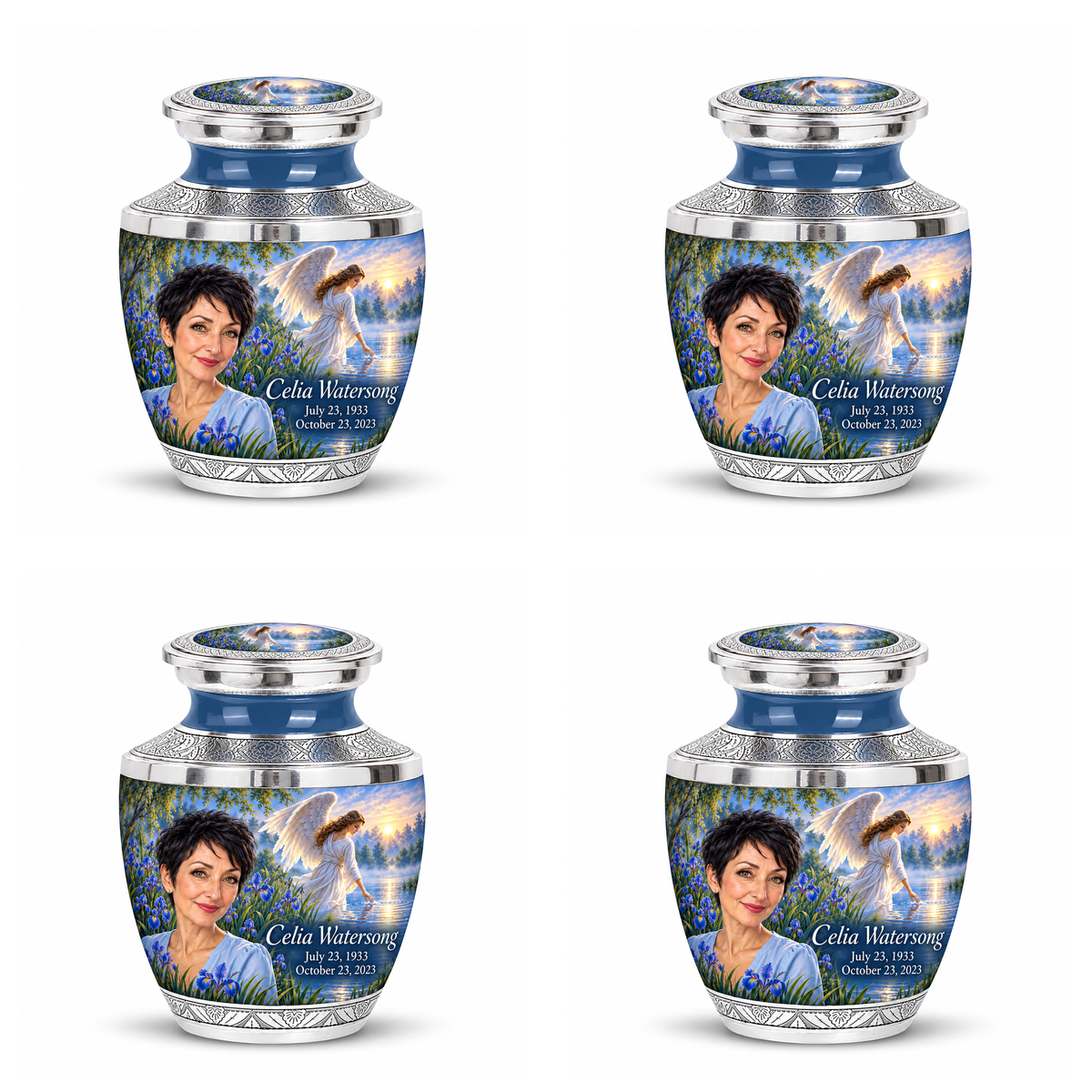 4 Keepsake 3 inch Urns, Tasty angel beside quiet blue water memorial urn and Celia Watersong photo and dates.