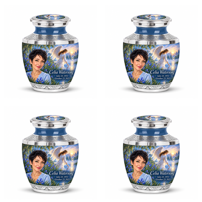 4 Keepsake 3 inch Urns, Tasty angel beside quiet blue water memorial urn and Celia Watersong photo and dates.