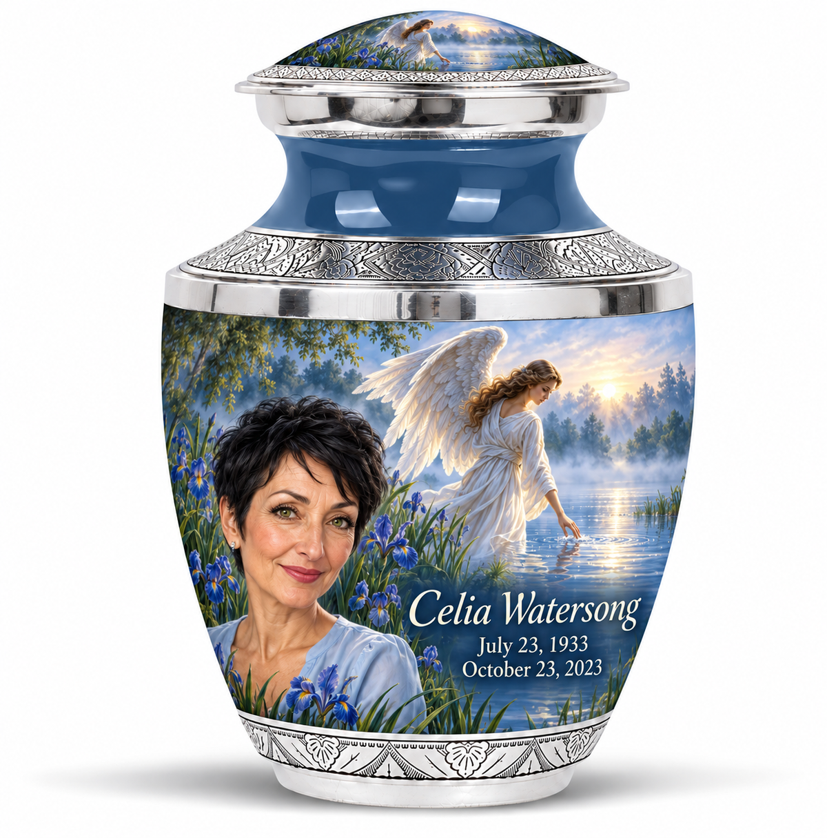 10 inch large Urn, Tasty angel beside quiet blue water memorial urn and Celia Watersong photo and dates.
