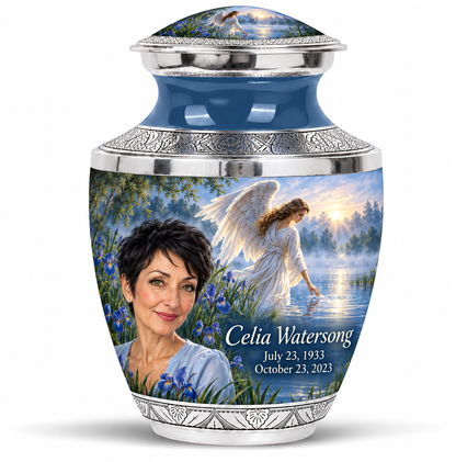 10 inch large Urn, Tasty angel beside quiet blue water memorial urn and Celia Watersong photo and dates.