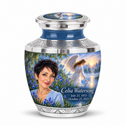 1 Keepsake 3 inch Urn, Tasty angel beside quiet blue water memorial urn and Celia Watersong photo and dates.