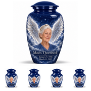 10 inch large Urn with 4 Keepsake 3 Inch Urns, Classic memorial urn with silver angel wings, sapphire night and Mavis Thornbeck portrait.
