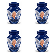 4 Keepsake 3 inch Urns, Classic memorial urn with silver angel wings, sapphire night and Mavis Thornbeck portrait.