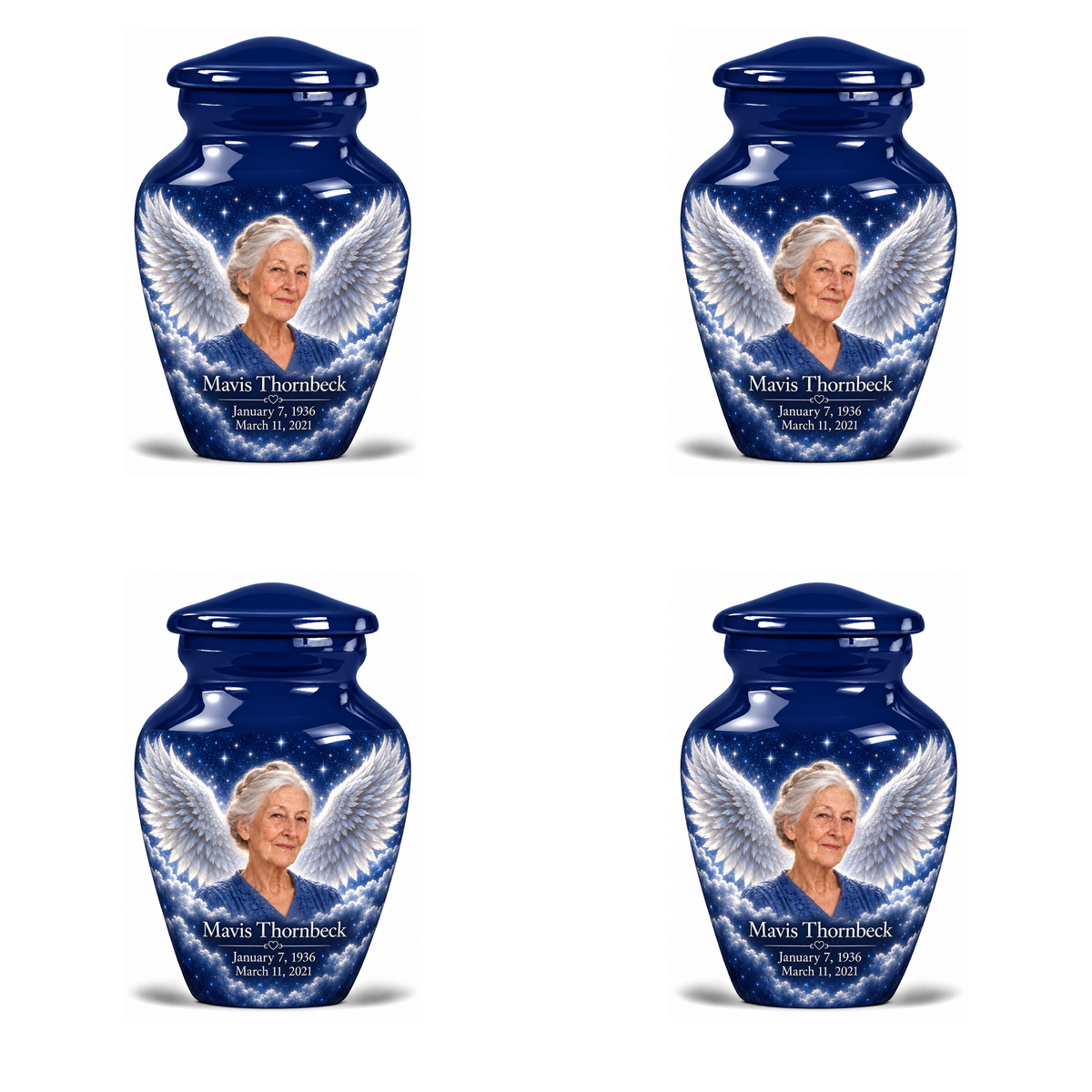 4 Keepsake 3 inch Urns, Classic memorial urn with silver angel wings, sapphire night and Mavis Thornbeck portrait.