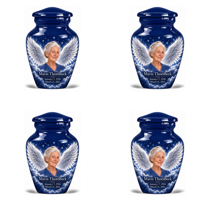 4 Keepsake 3 inch Urns, Classic memorial urn with silver angel wings, sapphire night and Mavis Thornbeck portrait.