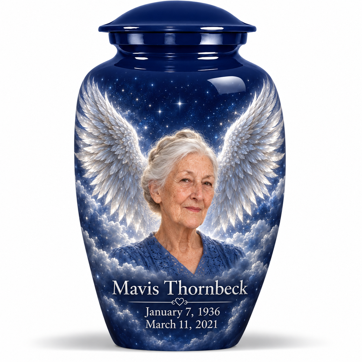 10 inch large Urn, Classic memorial urn with silver angel wings, sapphire night and Mavis Thornbeck portrait.