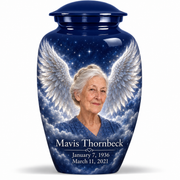 10 inch large Urn, Classic memorial urn with silver angel wings, sapphire night and Mavis Thornbeck portrait.