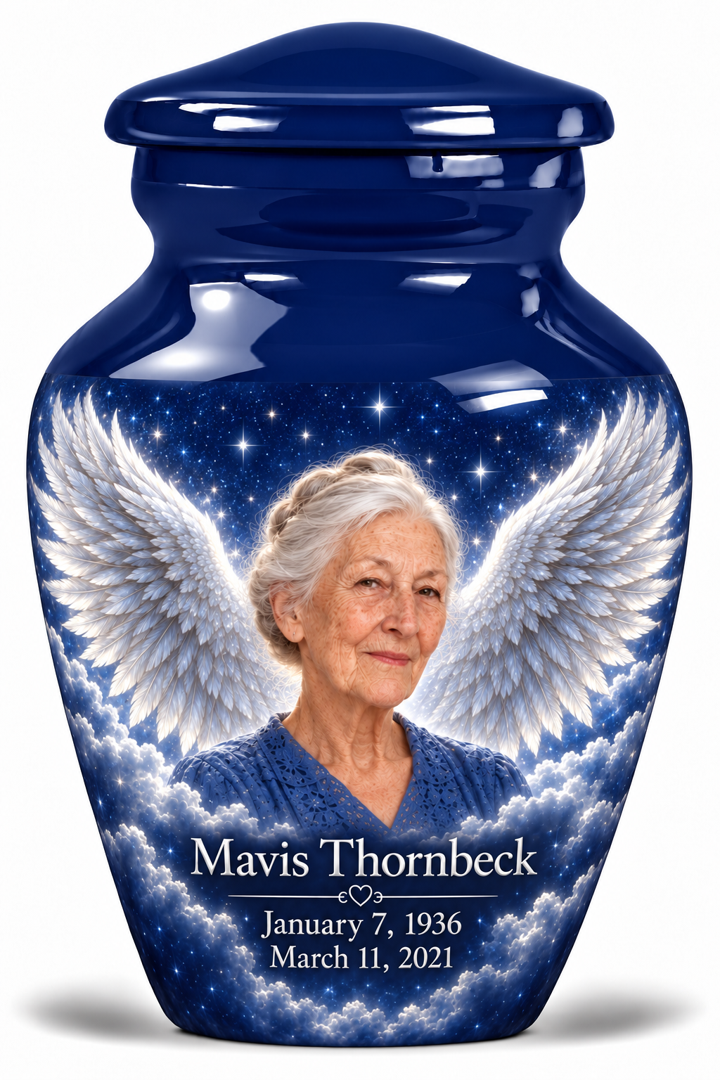 1 Keepsake 3 inch Urn, Classic memorial urn with silver angel wings, sapphire night and Mavis Thornbeck portrait.