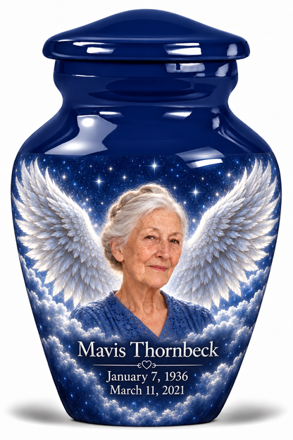 1 Keepsake 3 inch Urn, Classic memorial urn with silver angel wings, sapphire night and Mavis Thornbeck portrait.