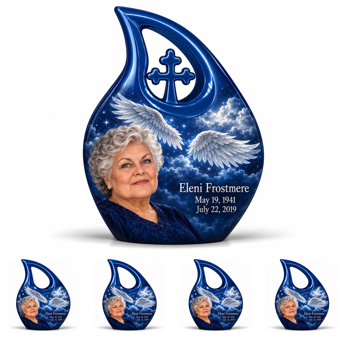 10 inch large Urn with 4 Keepsake 3 Inch Urns, Cross Drop memorial urn with silver angel wings, sapphire night and Eleni Frostmere portrait.