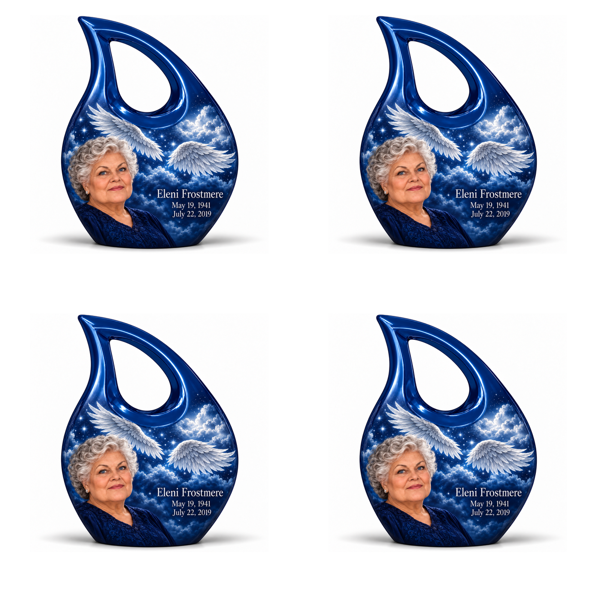 4 Keepsake 3 inch Urns, Cross Drop memorial urn with silver angel wings, sapphire night and Eleni Frostmere portrait.