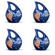 4 Keepsake 3 inch Urns, Cross Drop memorial urn with silver angel wings, sapphire night and Eleni Frostmere portrait.