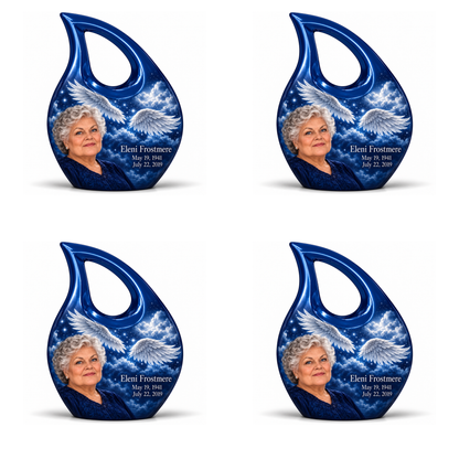 4 Keepsake 3 inch Urns, Cross Drop memorial urn with silver angel wings, sapphire night and Eleni Frostmere portrait.