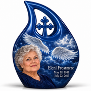 10 inch large Urn, Cross Drop memorial urn with silver angel wings, sapphire night and Eleni Frostmere portrait.