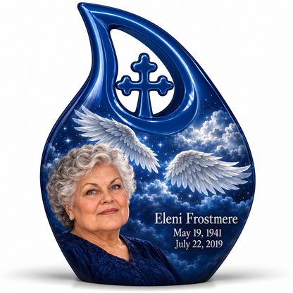 10 inch large Urn, Cross Drop memorial urn with silver angel wings, sapphire night and Eleni Frostmere portrait.