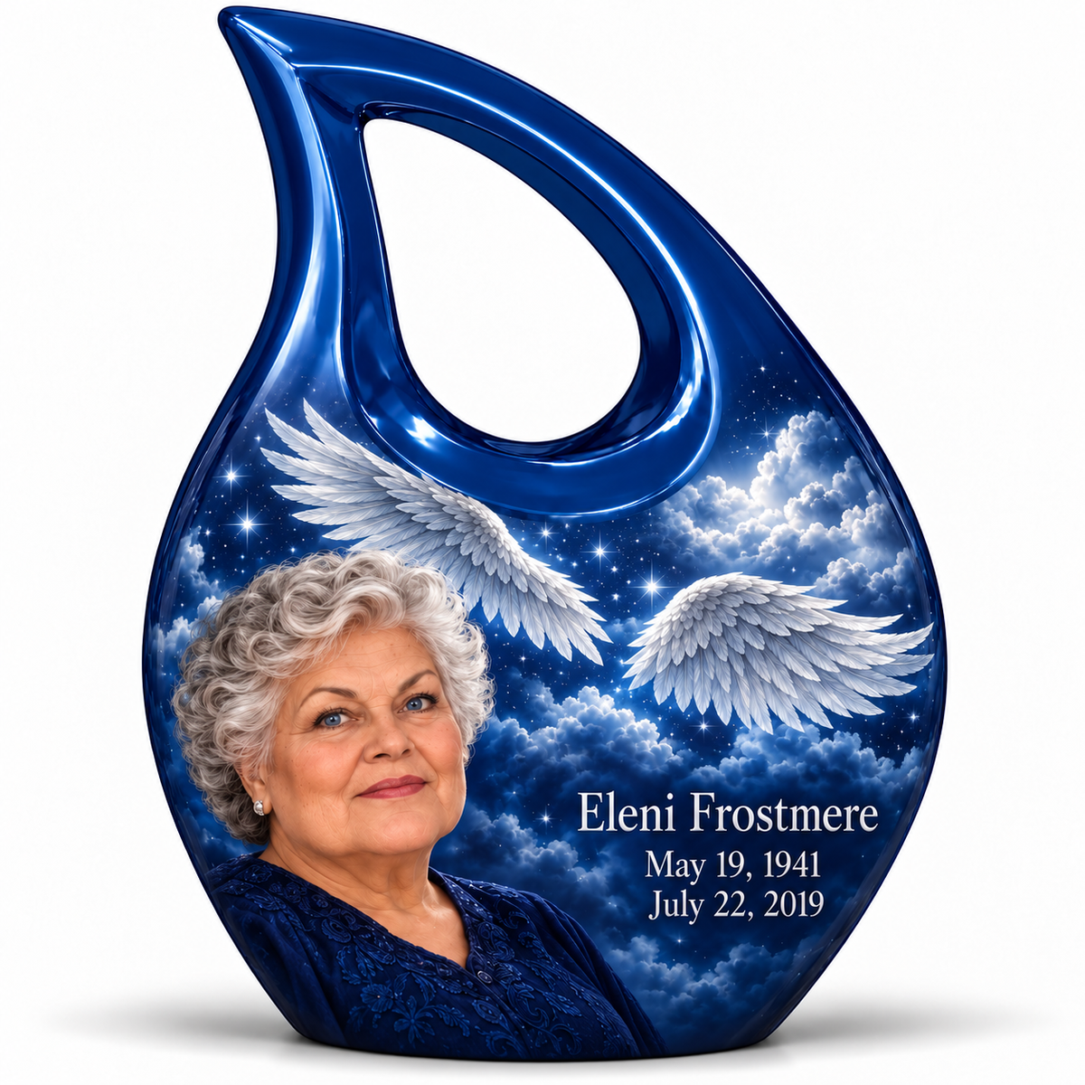 1 Keepsake 3 inch Urn, Cross Drop memorial urn with silver angel wings, sapphire night and Eleni Frostmere portrait.