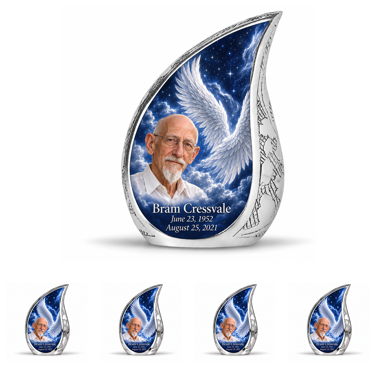 10 inch large Urn with 4 Keepsake 3 Inch Urns, Curved Drop memorial urn with silver angel wings, sapphire night and Bram Cressvale portrait.