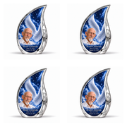 4 Keepsake 3 inch Urns, Curved Drop memorial urn with silver angel wings, sapphire night and Bram Cressvale portrait.
