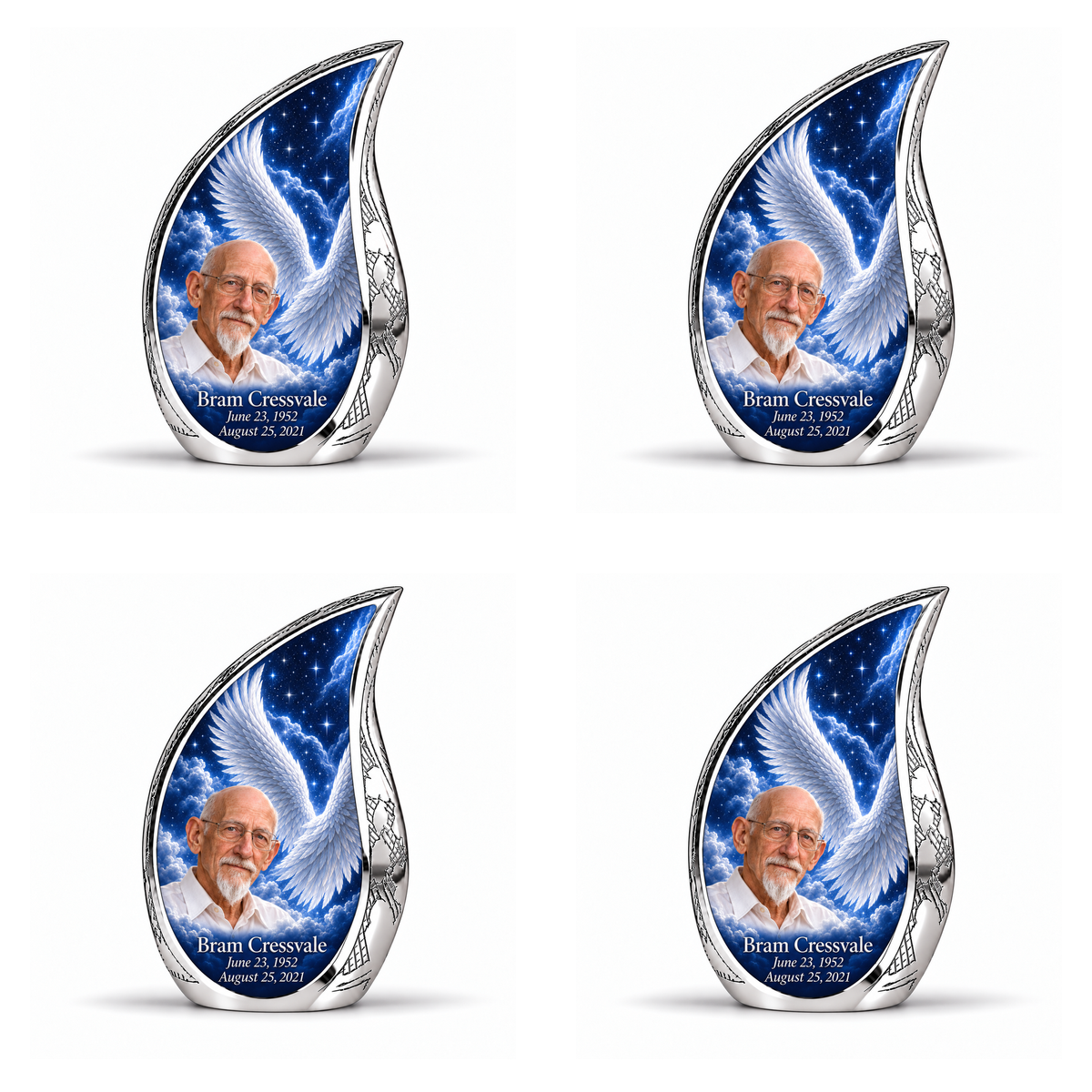 4 Keepsake 3 inch Urns, Curved Drop memorial urn with silver angel wings, sapphire night and Bram Cressvale portrait.