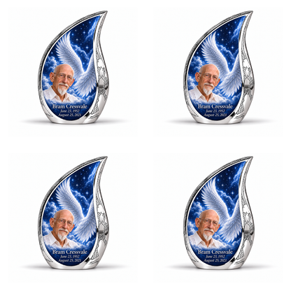 4 Keepsake 3 inch Urns, Curved Drop memorial urn with silver angel wings, sapphire night and Bram Cressvale portrait.