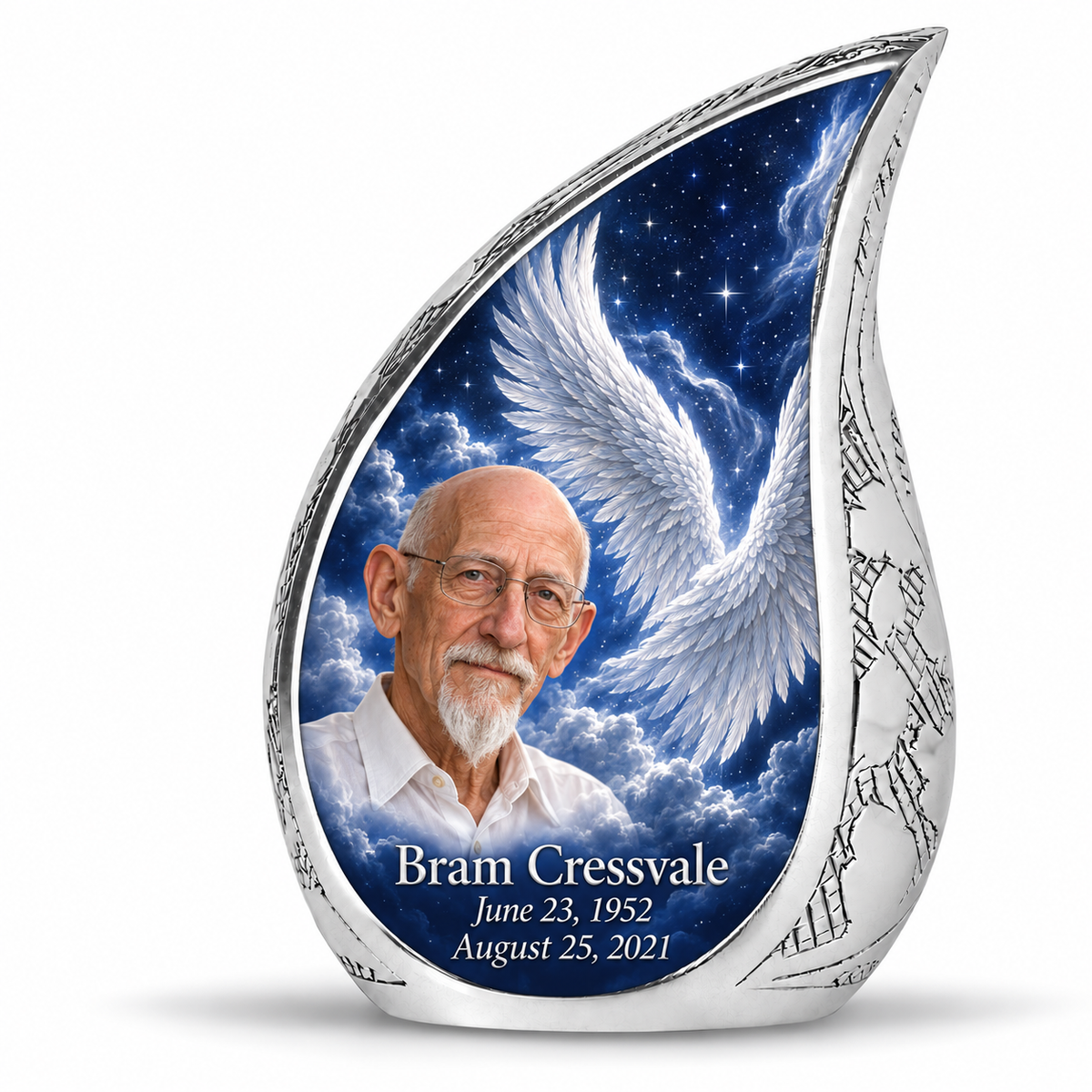 10 inch large Urn, Curved Drop memorial urn with silver angel wings, sapphire night and Bram Cressvale portrait.